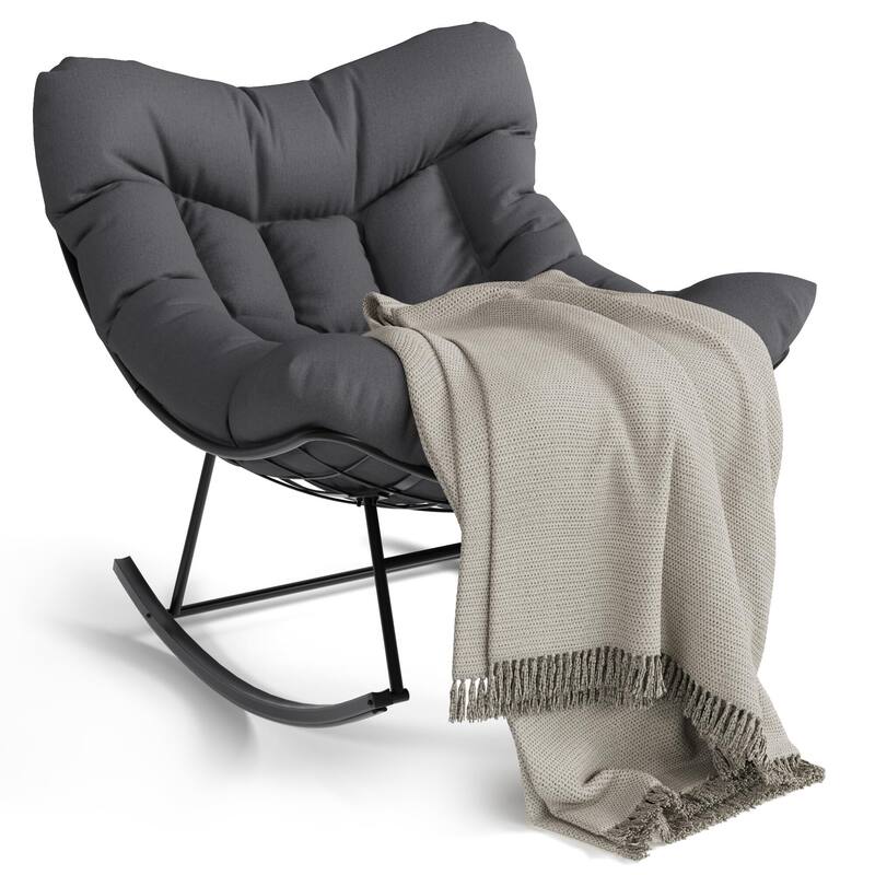 Outdoor Papasan Rocking Chair, Oversized Rocking Chair with Sturdy Metal Frame, Patio Rattan Egg