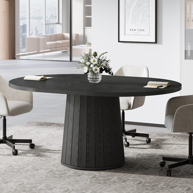 55.11 Inch Brown Wood Oval Conference Table with Wood Base for 6 People