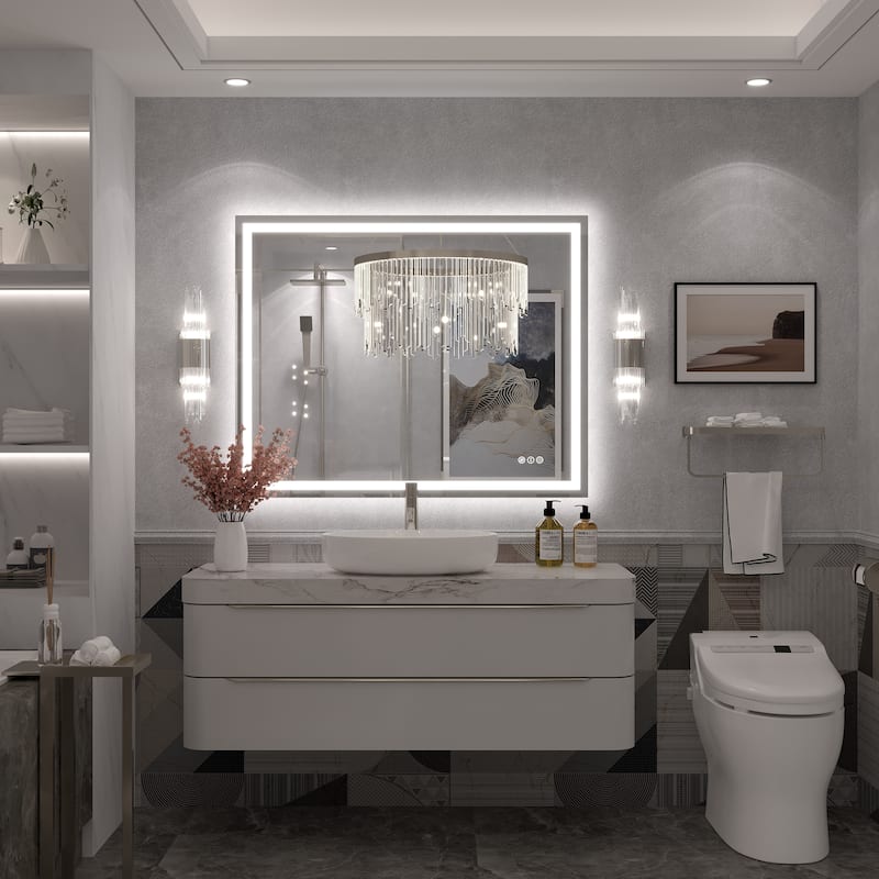 Large LED Bathroom mirror Tempered Glass Dimmable Anti-Fog Vanity Mirror