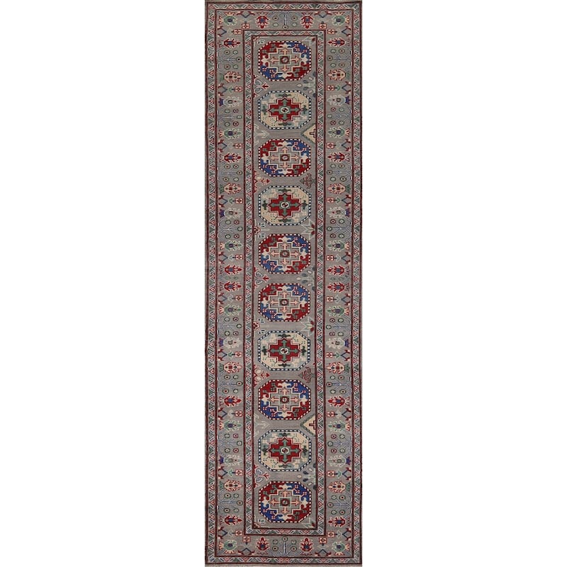 Gray Geometric Kazak Runner Rug Hand-Knotted Wool Carpet - 2'9" x 12'8"