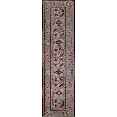 Gray Geometric Kazak Runner Rug Hand-Knotted Wool Carpet - 2'9" x 12'8"