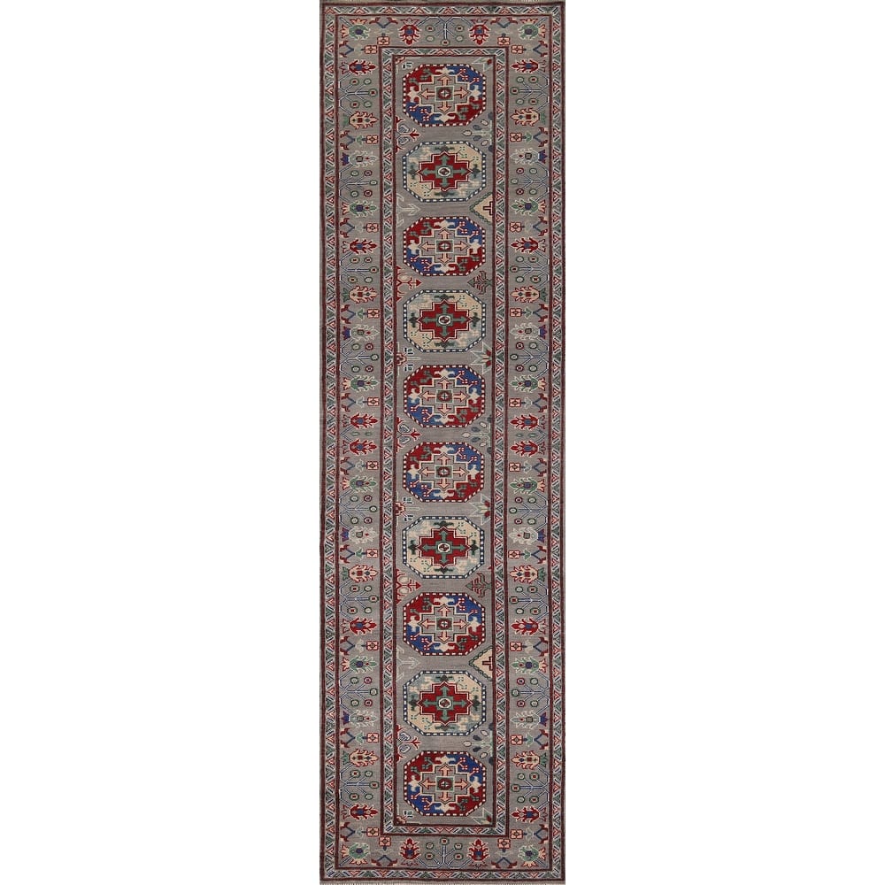 Gray Geometric Kazak Runner Rug Hand-Knotted Wool Carpet - 2'9" x 12'8"