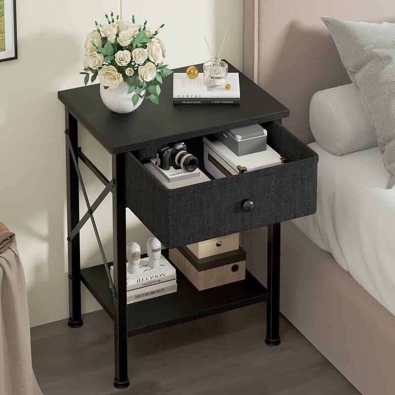VECELO X Frame Nightstand with Removable Fabric Drawer Easy to Clean Nightstand Multifunctional End Table with Open Shelf