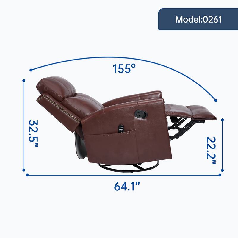 Gnuine Leather Heat Massage Manual Recliner Chair with Rocker and Swivel