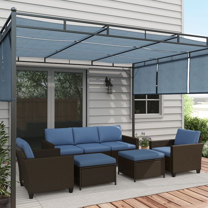 Outsunny 5 Piece Patio Furniture Set with Cushions, Outdoor Conversation Set with Rattan Three-Seater Sofa, Chairs & Footstools - Blue