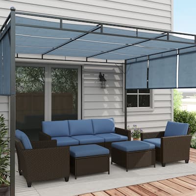 Outsunny 5 Piece Patio Furniture Set with Cushions, Outdoor Conversation Set with Rattan Three-Seater Sofa, Chairs & Footstools