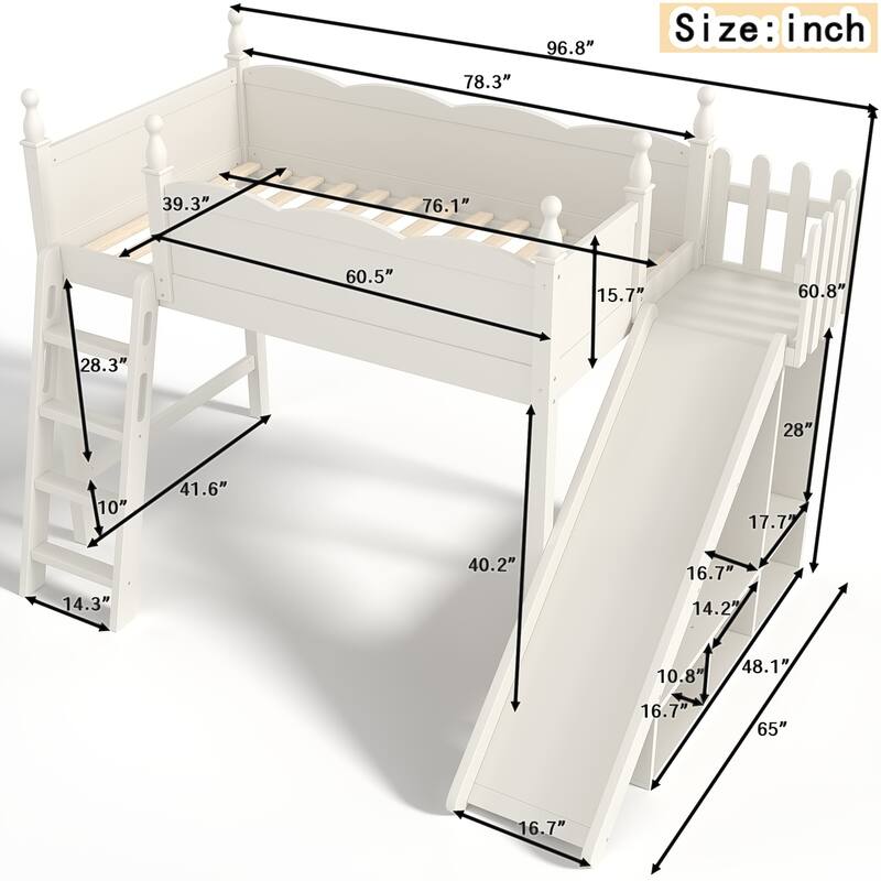 Twin Loft Bed with Storage Shelves and Wardrobe, Solid Wood Loft Beds with Detachable Slide and Ladders, No Spring Box Needed