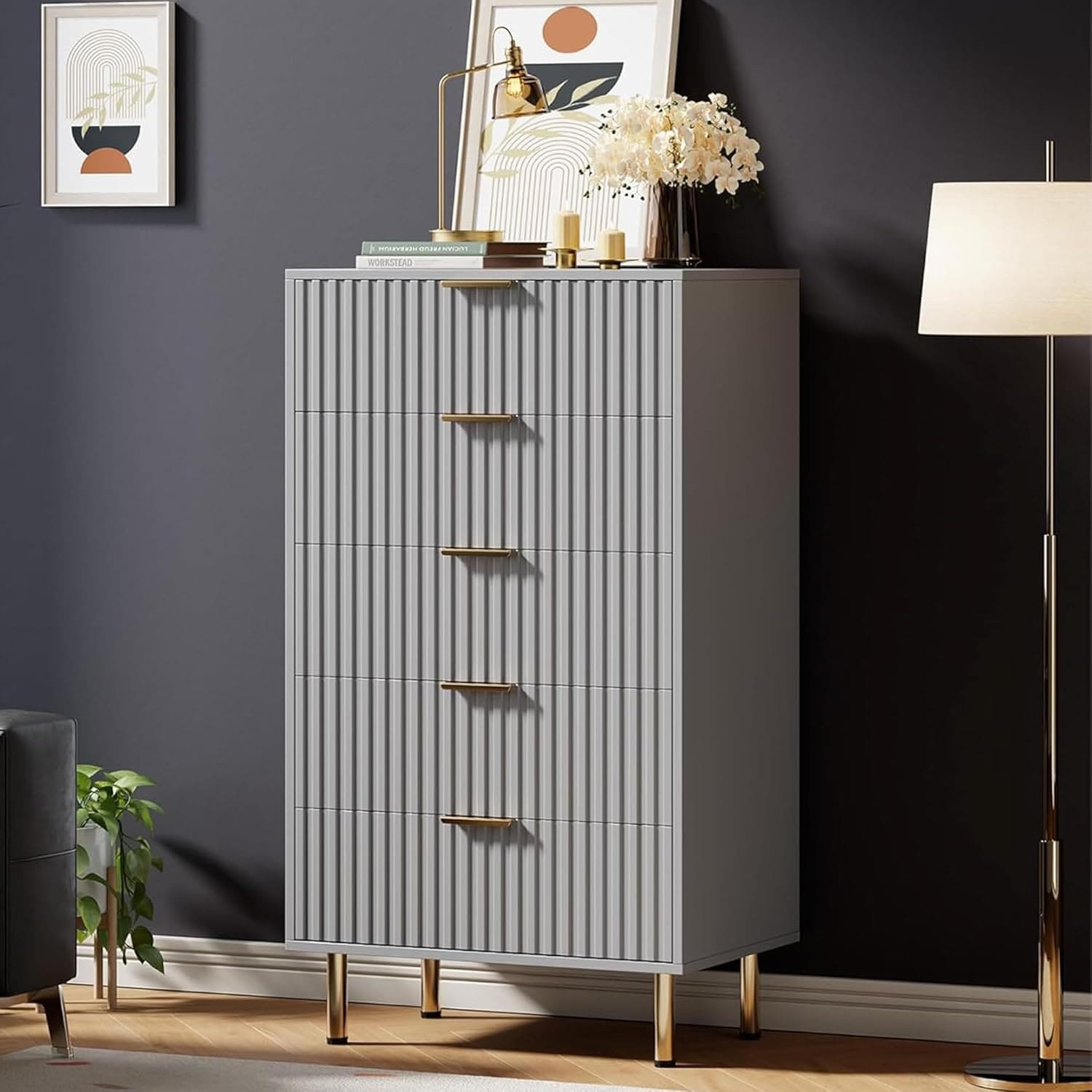 Modern Fluted Nightstand with Deep Drawers, Wooden Organizer Side Table for Living Room Hallway Kids Room