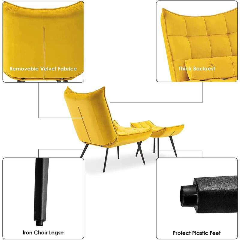 Mcombo Accent Chair with Ottoman, Velvet Tufted Wingback Chair, Upholstered Chairs with Metal Legs for Bedroom Living Room 4079