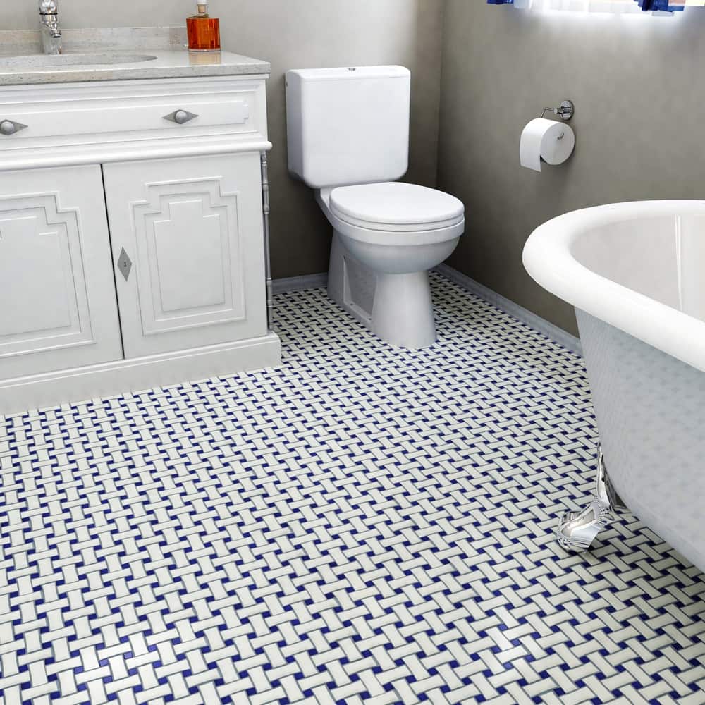Merola Tile Metro Dog Bone Basketweave White with Cobalt Dot 10" x 10" Porcelain Mosaic Tile