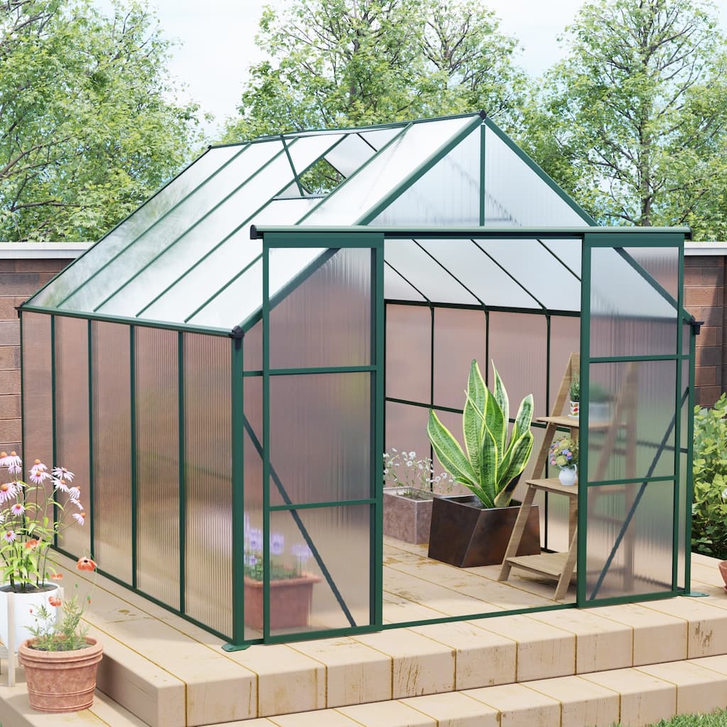 GDF Studio - Culatra Outdoor Aluminum Polycarbonate Greenhouse with Double Sliding Doors and Raised Base