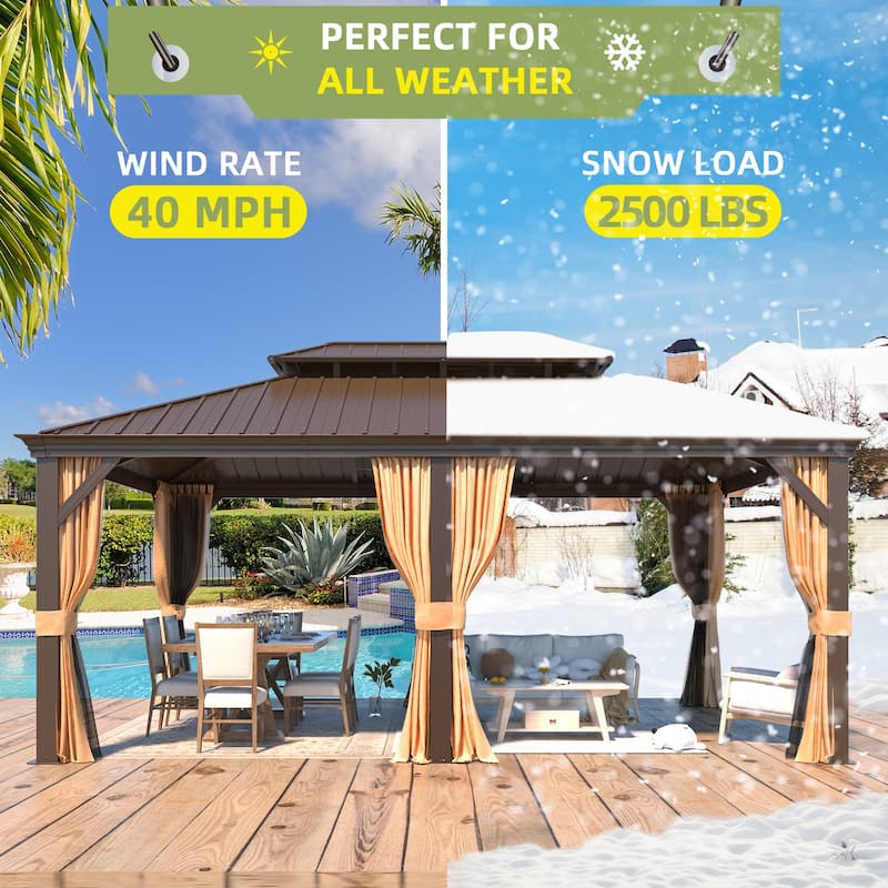Outdoor Pro Series Galvanized Steel Hardtop Patio Gazebo Pergola w/Aluminum Frame, Prime Curtains and nettings include
