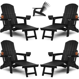 WINSOON All Weather HIPS Folding Adirondack Chair with Ottoman, 5-Gear Adjustable Backrest and Retractable Ottoman Set of 4