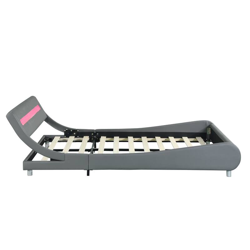 Queen Faux Leather Upholstered Platform Bed with LED & Wood Slat Support