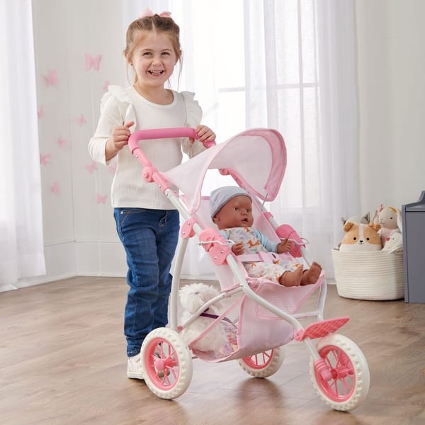 slide 2 of 8, Badger Basket Folding Three Wheel Doll Jogging Stroller - Pink/Gingham