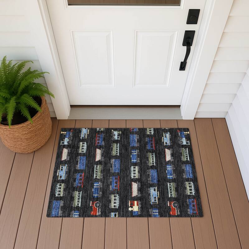 Machine Washable Indoor/ Outdoor Modern Train Chantille Rug - Black - 1'8" x 2'6"