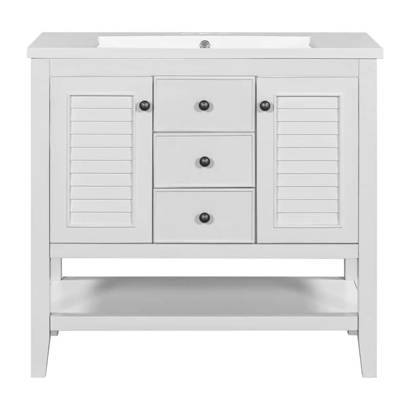 36" Bathroom Vanity with/without Sink, Bathroom Vanity Cabinet with 2 Cabinets and Drawers, Open Shelf, Solid Wood Frame