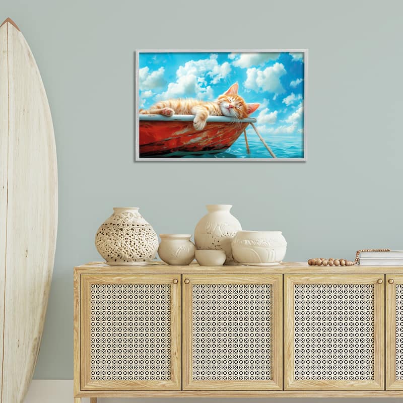 Stupell Sleeping Cat on Boat Framed Giclee Art Design By Parable Visions
