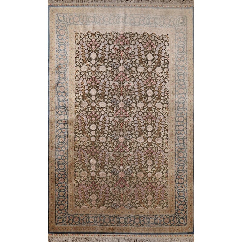 Hand Knotted Oriental Silk & Silver Carpet Traditional Floral Green Qum Area Rug - 5' 6'' X 3' 7''