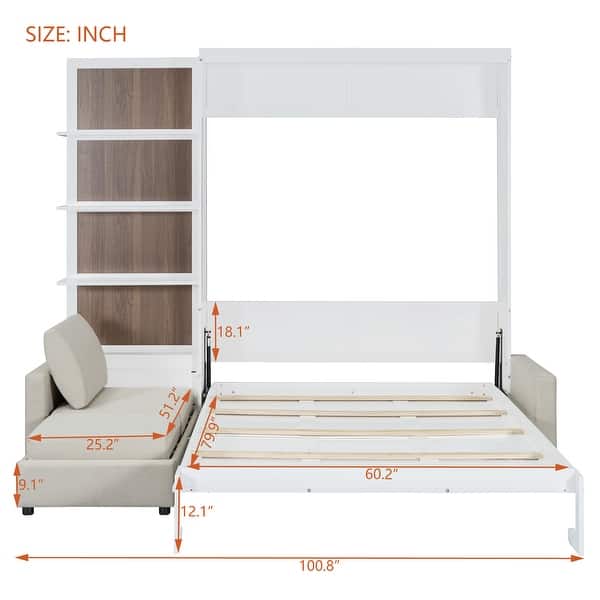 dimension image slide 2 of 3, Queen Size Murphy Bed Wall Bed with L Shaped Sofa, Wooden Wall Murphy Bed Frame with Storage Shelves, No Box Spring Needed