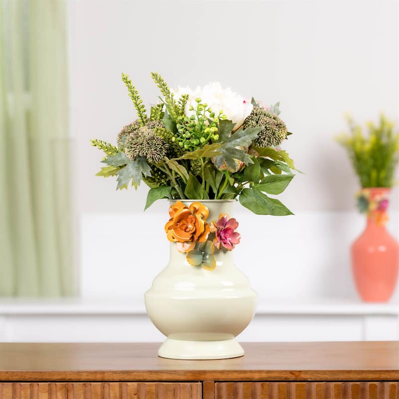 Floral Embossed Metal Vase 9.5"H