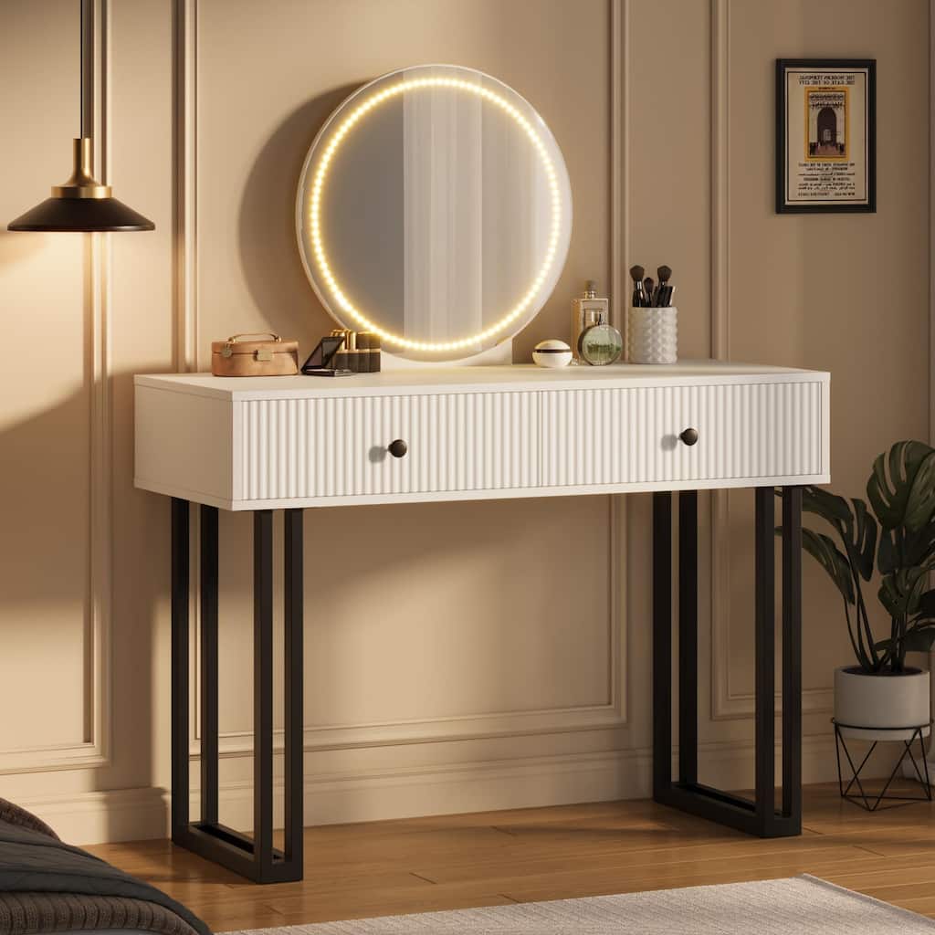 Vanity Desk with Mirror and Lights, 2 Drawers, Modern Makeup Table with 3 Color Modes & Adjustable Brightness