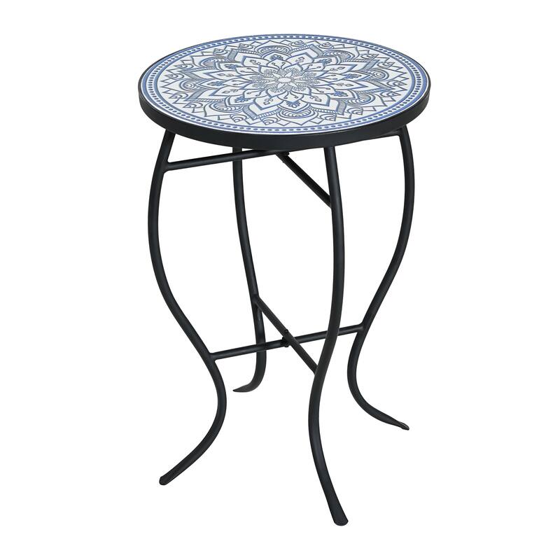 Han Outdoor Round Ceramic Tile Side Table with Iron Frame by Christopher Knight Home - Black,Blue,White