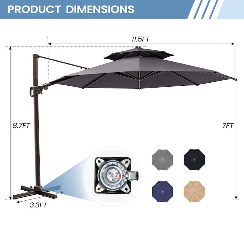 11 ft Outdoor Aluminum Dual Top Solar Powered LED Lighted Patio Cantilever Umbrella and Weighted Base