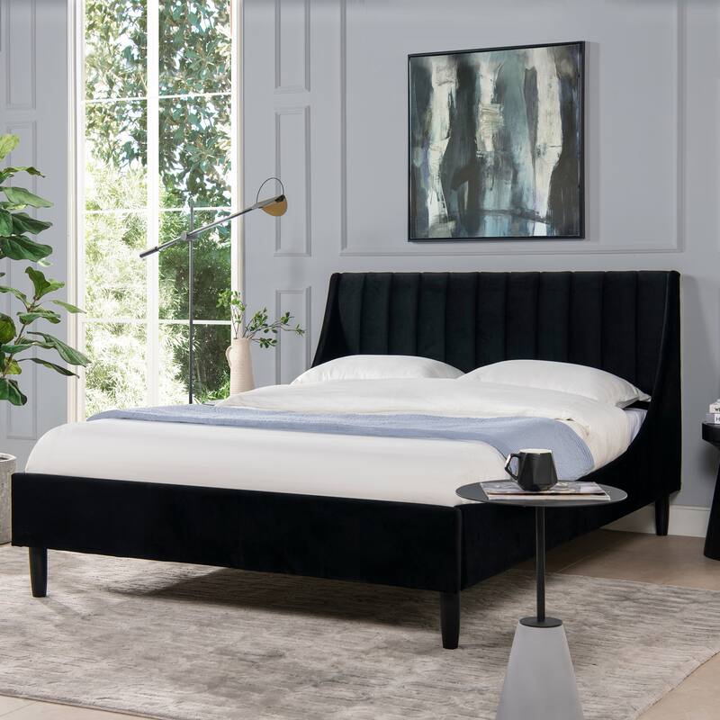 Willow Velvet Upholstered Channel Tufted Platform Bed - Black Velvet - Queen