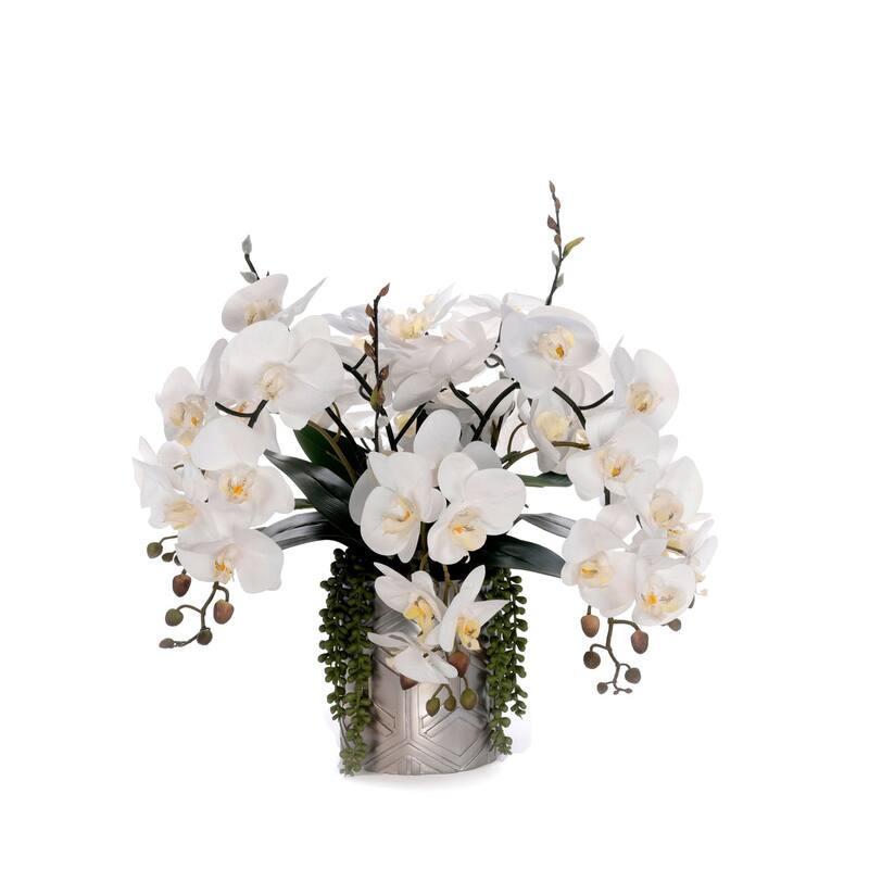 Real Touch White Orchids Flower Arrangement in Silver Vase