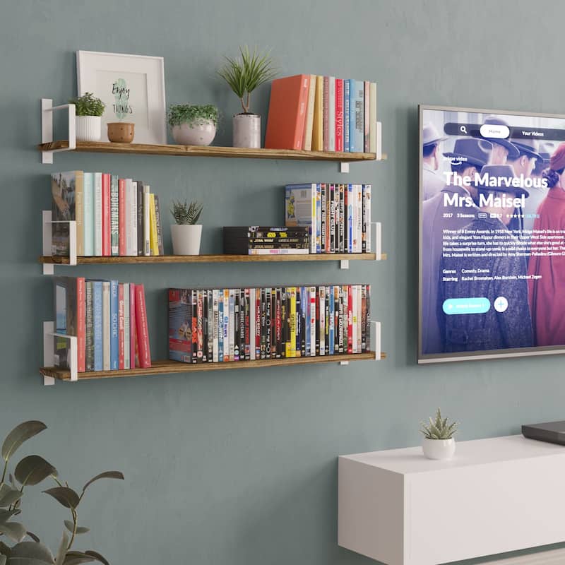 Wallniture Toledo 36" Floating Bookshelves for Farmhouse Wall Décor, Burnt Finish, Set of 3