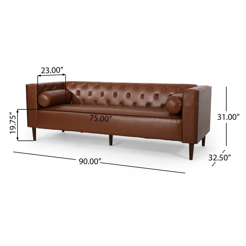 Biya Sofa, 3 Seater, 90 Inch, Tufted Brown Faux Leather, 2 Pillows