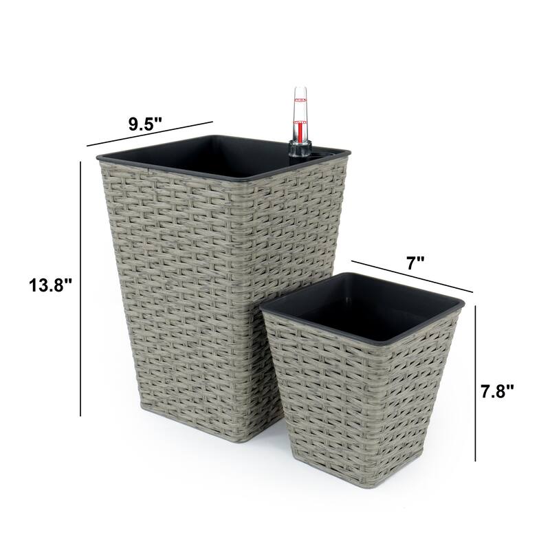Medium 9 in. & 7 in. Smart Self-Watering Square Planter with Water Level Indicator - Hand Woven Wicker (2-Pack)