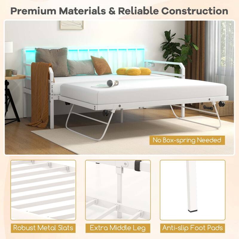 Costway Twin Size Daybed with Pop-up Trundle Charging Station & LED