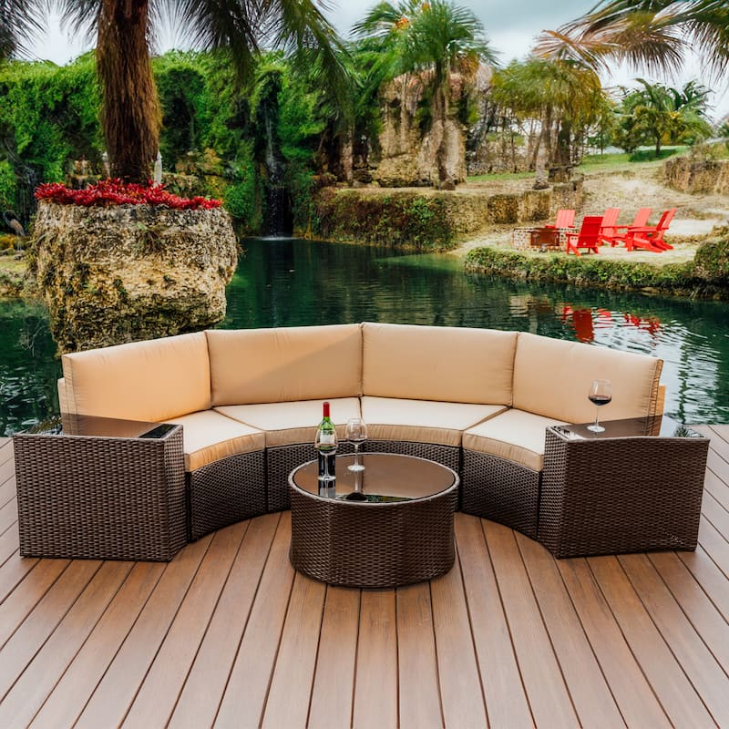 Empyrean Outdoor Circular Patio Furniture Set - with Cushions, End Tables & Coffee Table - Semi Circle - Brown/Beige