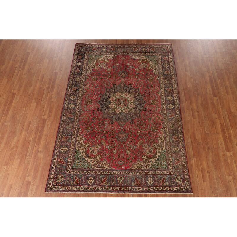 Tabriz Persian Vintage Area Rug Hand-Knotted Pink Wool Carpet - 6'8"x 9'7"