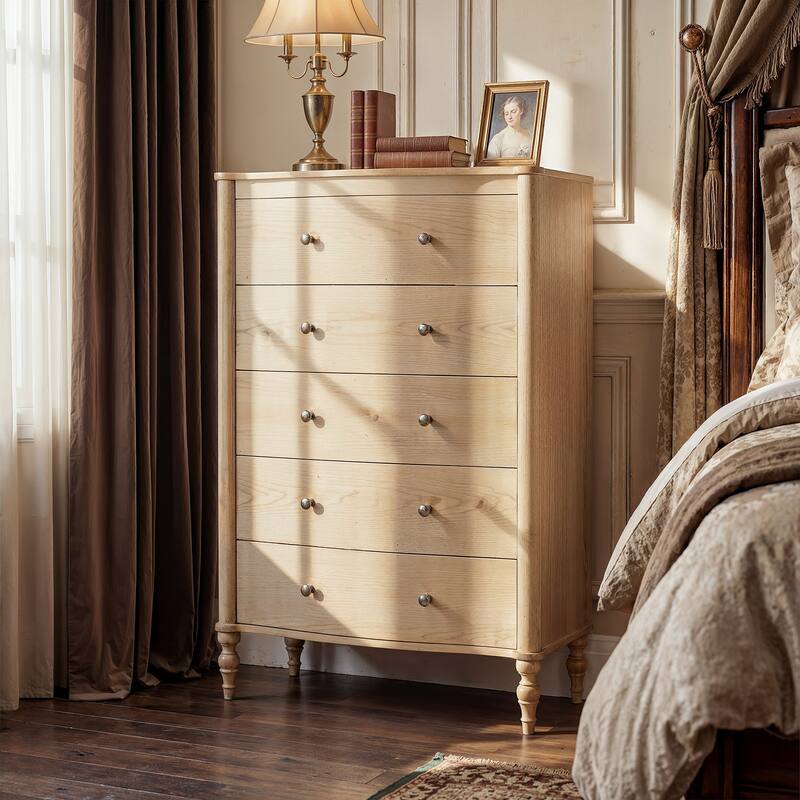 5 Drawer Chest Dresser for Bedroom, Wooden Chest of Drawers with Turned Solid Wood Legs, Modern Storage Dresser, 32.8" Wide