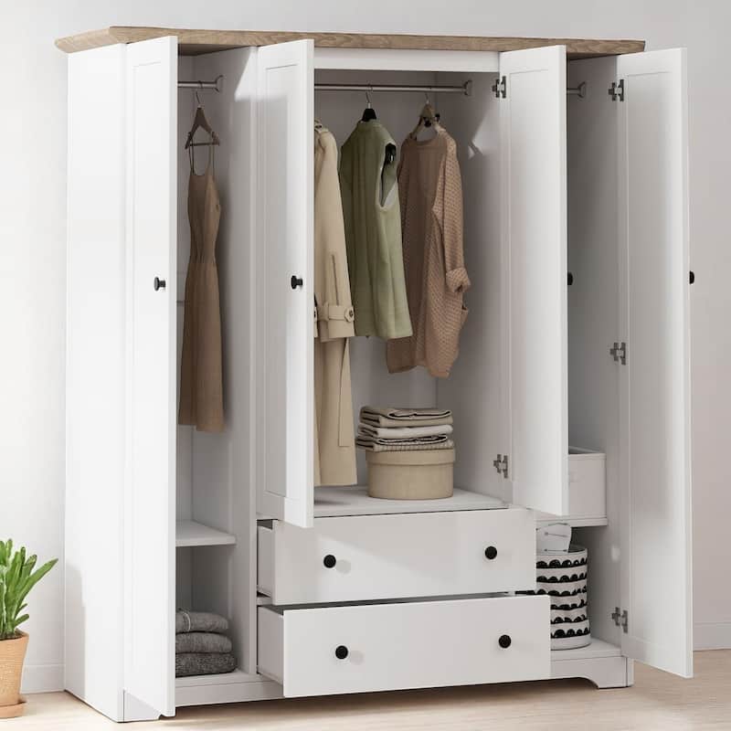 Wooden 4 Door Wardrobe Closet with 2 Drawers and Hanging Storage, Armoire Cabinet for Bedroom Organization