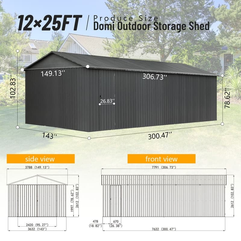 Domi 12x15FT Outdoor Metal Garage Shed,Extra Large Metal Carport with Lockable Double Doors,Heavy Duty Car Shelter,Dark Grey