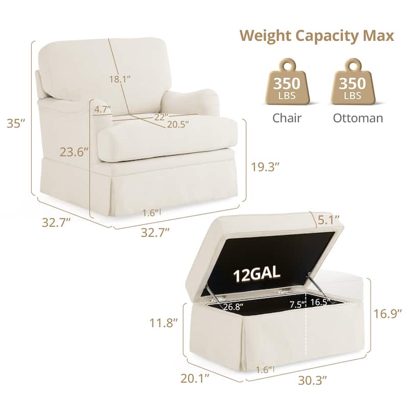 LUE BONA Swivel Fabric Single Sofa with a Removable Storage Ottoman, Living Room Accent Chair Set with Ottoman