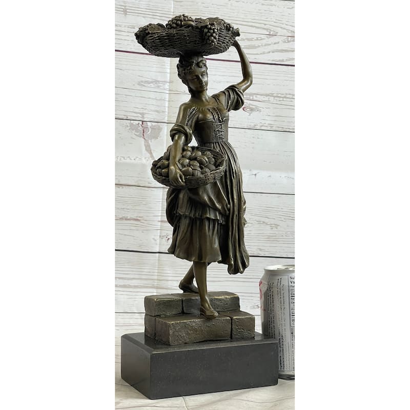 Farmer Girl Carrying Basket Of Fruits Bronze Statue Sculpture 15.5 Inches X 6 Inches