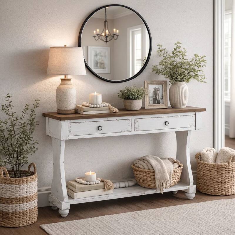 48 Inch 2 Drawer Console Table, Ring Metal Handles, Distressed White