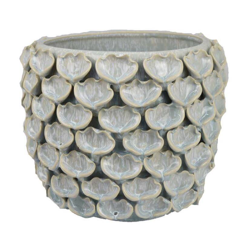 Aster Accent Planter w Raised Petal Pattern Blue Green Ceramic 10 Inch