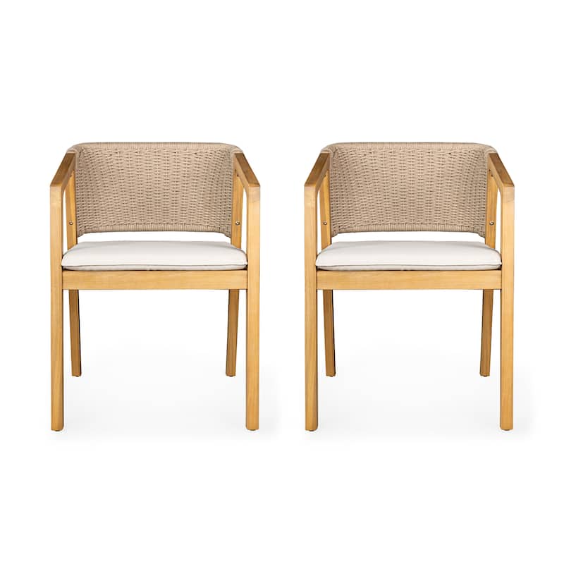 Roomfitters Outdoor Dining Chairs Set of 2, Woven Rope Back with Wood Frame and Cushions, Patio Seating in Natural Beige
