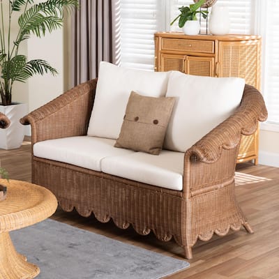 Detta Natural Rattan Loveseat with Cushion - Handwoven Wicker Settee with Rolled Arms and Scalloped Skirt Base