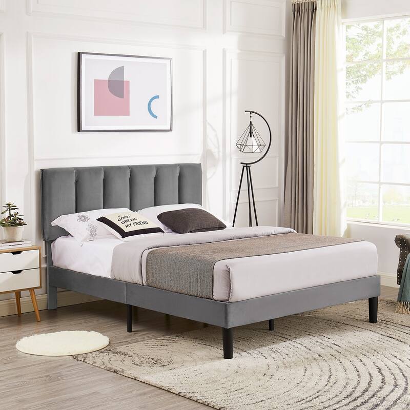 VECELO 3-Pieces Bedroom Sets Upholstered Bed Frame and Nightstands Set of 2 Dark Grey Platform Bed Frame