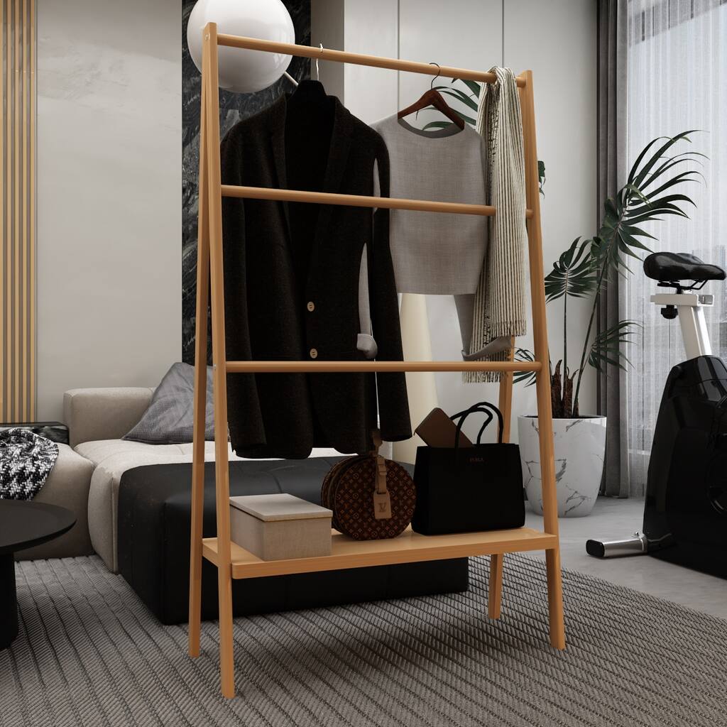 Bamboo Ladder Towel Rack with Storage Shelf Entryway Bench with Coat Rack Stand and Shoe Rack