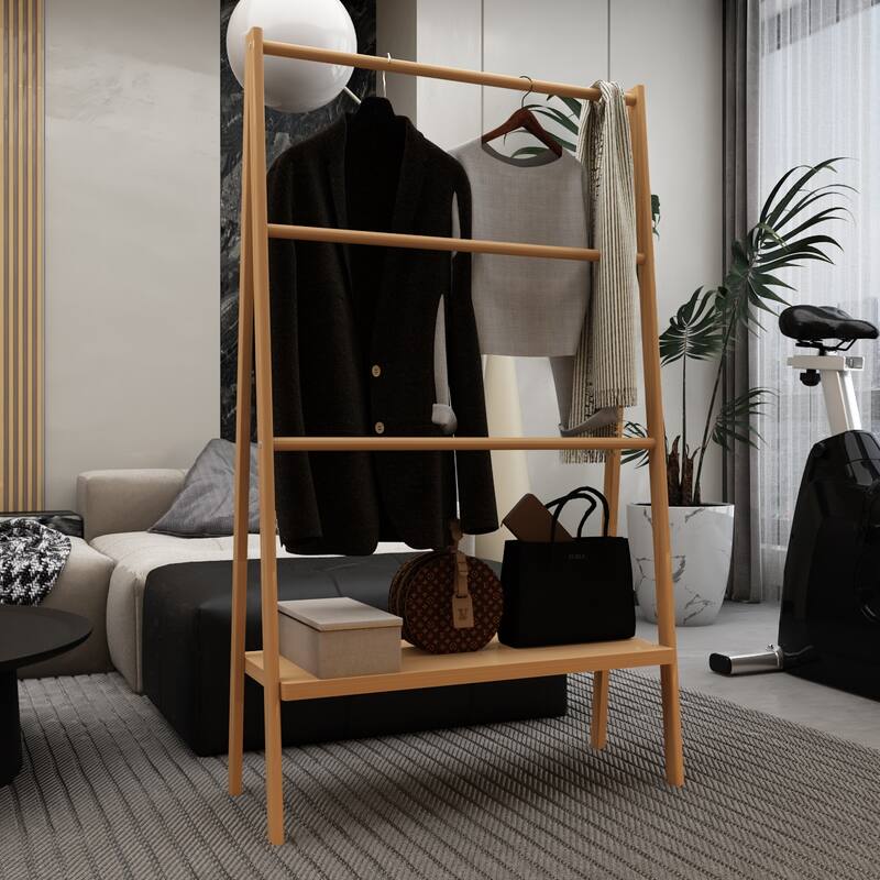 Bamboo Ladder Towel Rack with Storage Shelf for Living Room, Bedroom and Office - Cherry Wood
