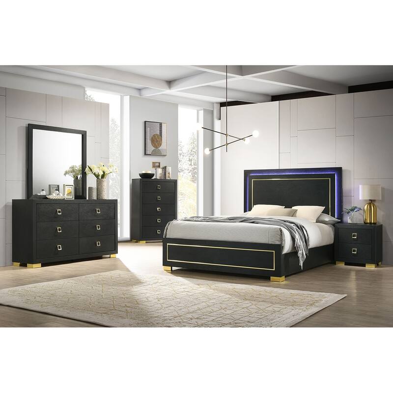 Queen Size Engineered Wood Platform Bed Set with LED Headboard and Gold Accent Legs - 3pc Contemporary Furniture