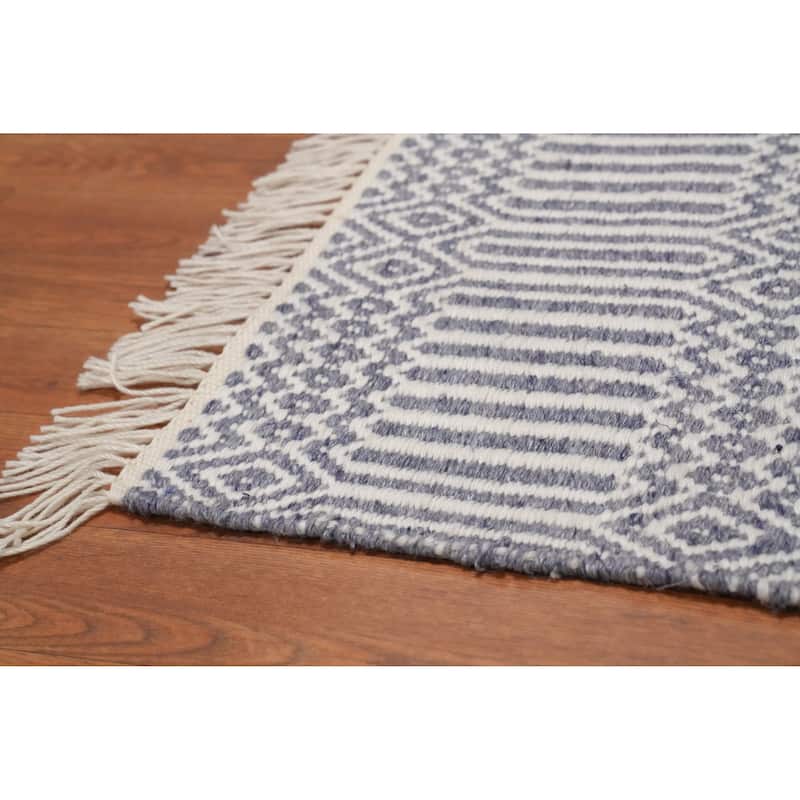 Hand Woven Oriental 100% Wool Carpet Traditional Geometric Navy Blue & Blues Durrie-Kilim Area Rug - 8' 0'' X 5' 0''